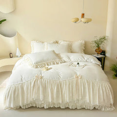 Korean style Princess lace bow bedding set pink sweet girl chiffon ruffles duvet cover bed sheet pillowcase wedding home textile