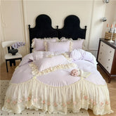 Princess Wedding Bedding Set Korean Style Lace Flowers Embroidery Duvet Cover Bed Sheet/Fitted Sheet/Bed Skirt Pillowcases 4Pcs