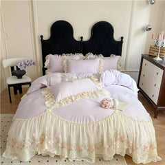 Princess Wedding Bedding Set Korean Style Lace Flowers Embroidery Duvet Cover Bed Sheet/Fitted Sheet/Bed Skirt Pillowcases 4Pcs