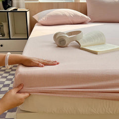 1PCS Nordic Stripe Fitted Sheet Non Slip Bedspread 100% Cotton With Elastic Band Mattress Cover (no Pillowcase)