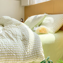 Green Striped Duvet Cover Pillowcase and Solid Color Sheet INS Bedding Set Adult Girls Bedclothes Washed Cotton Bed Linens