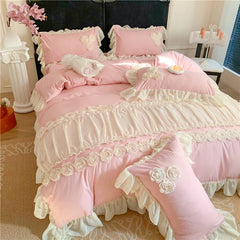 4Pcs Korean Princess Style Flowers Lace Ruffles Bedding Set Queen King Duvet Cover Bed Skirt/Bed Sheet/Fitted Sheet Pillowcase