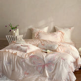100% Cotton Gorgeous Bedding Set Butterfly Embroidery Flat Sheet Pillowcases Queen Size For Women Bare Sleeping Skin-Friendly