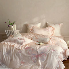 100% Cotton Gorgeous Bedding Set Butterfly Embroidery Flat Sheet Pillowcases Queen Size For Women Bare Sleeping Skin-Friendly