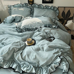 3/4Pcs Korean Princess Style Ruffles Bedding Set Skin-friendly Soft Silky Cool Feeling Duvet Cover Set Bed Sheet Pillowcases