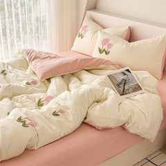 New Printed Duvet Cover with Bed Sheets and Pillowcases, Unfilled Washed Cotton, Full Size Light Luxury Home Bedding Set