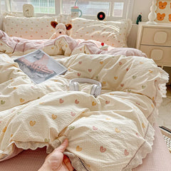 2025 New Bedding Set INS Princess Soft Bed Flat Sheet Set Twin Queen Double Size Cotton Lace Duvet Cover Pillowcase Bed Linen