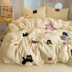 Bedding Set Super Soft Washed Cotton Towel Embroidery Duvet Cover Four Piece Set - Lucky Cat Series