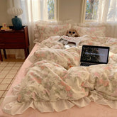 Cute Flower Korean Duvet Cover Bedding Set Pink Cotton Kawaii Double Bed Fitted Bed Sheets Quilt Cover Set Queen Twin Full Size