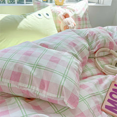 Cute Big Eyed Four Piece Set Plaid Duvet Cover Set With Sheet Bedroom Decor Skin Friendly Single Double Bedding Set Home Textile
