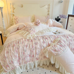 Flowers Lace Ruffles Princess Wedding Bedding Set Full Queen King Duvet Cover Bed Skirt/Bed Sheet/Fitted Sheet Pillowcases 4Pcs