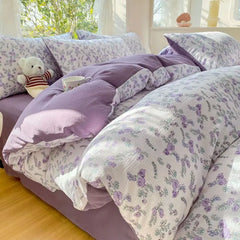 Purple Flower Duvet Cover Set Floral Bedding with Sheet Pillowcase Single Double Bed Quilt Cover for Girls Home Textiles