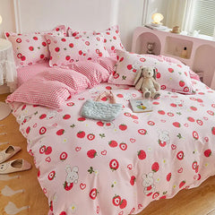Kawaii Bedding Set Kids Adult Flat Sheet Duvet Cover Pillowcase Single Double Full Size Bed Linen Floral Cherry Home Textile