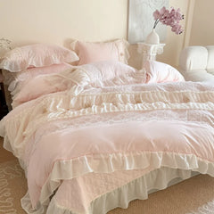 Princess Style Lace Ruffles Wedding Bedding Set Korean Soft Rose Flowers Four-Piece Set Duvet Cover Bed Sheet Pillowcase 4Pcs