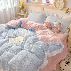 Ins Princess Style Bedding Sets Ruffle Blue Pink Girls Quilt Cover Romantic Bed Sheet Set Duvet Cover With Pillowcases 4pcs