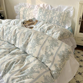 Korean Style Princess Floral Washed Cotton Bedding Set Vintage French Pastoral Flowers Lace ruffles Duvet Cover Set Pillowcase