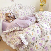 Princess Style Lace Ruffles Bedding Set Purple Tulips Duvet Cover and Flat Sheet Pillowcases Girls Romantic Floral Home Textiles