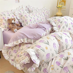 Princess Style Lace Ruffles Bedding Set Purple Tulips Duvet Cover and Flat Sheet Pillowcases Girls Romantic Floral Home Textiles