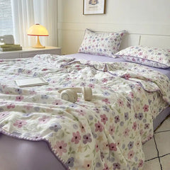 Summer Quilt Cotton Floral French Style Double Air-conditioned Quilt, Double-layer Summer Blanket Comforter Duvet 이불