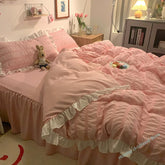 Pink Ruffled Seersucker Duvet Cover Set 3/4pcs Soft Lightweight Down Alternative Grey Bedding with Bed Skirt and Pillowcases