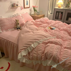Pink Ruffled Seersucker Duvet Cover Set 3/4pcs Soft Lightweight Down Alternative Grey Bedding with Bed Skirt and Pillowcases