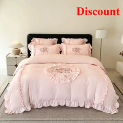 4Pcs Rose Flowers Embroidery Bedding Set Double King Queen Size Pink Girls Bedroom Duvet Cover Flat/Fitted Bed Sheet