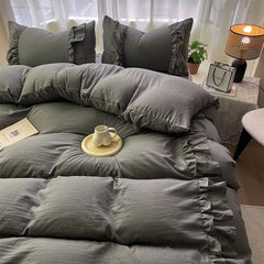 INS Princess Grey Bedding Sets 2025 Solid Color Ruffle Quilt Cover Romantic Bed Sheet Sets Girls Bedroom Duvet Cover 4pcs