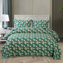 Double Bed Cotton Green White Flowers 3pcs Printed Quilted Quilt Pillowcase Free Shipping