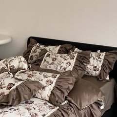 1000TC Egyptian Cotton Brown French Vintage Flowers Printing Bedding Set Duvet Cover Set Flat/Fitted Bed Sheet Pillowcases 4Pcs