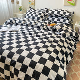 King Size Bedding Set with Quilt Cover Flat Sheet Pillowcase Kids Girls Boys Checkerboard Pinted Single Double Bed Linen