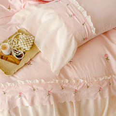 Korean Princess Style Lace Ruffles Rose Embroidery Wedding Bedding Set Duvet Cover Set Flat/Fitted Bed Sheet Pillowcases 4Pcs