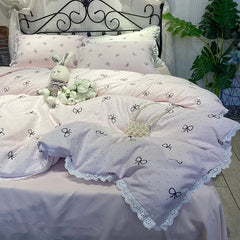 2025 Princess Bedding Set Lace Bow Simple Fresh Duvet Cover Flat Fitted Sheet Pillowcases Home Textile For Women Girl Queen Size