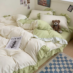 Ins Princess Bedding Set New Duvet Cover Fresh Blue Solid Color Floral Wrinkled Yann Bed Set Of Four Pieces Bed Sheets