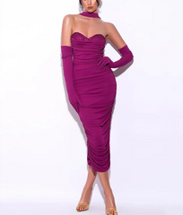 Solid Pleated Mesh Bandage Dress with Gloves
