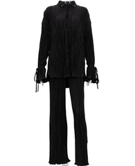 Solid Color Pleated Long Sleeved Cardigan Shirt + Pants Set