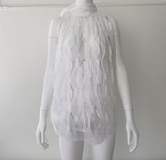 Solid Diamond-Shaped Hollow Sequined Organza Sleeveless Top