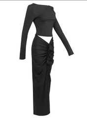 Pre Order: Black Long Sleeved Backless Top + Pleated Elastic Slim Fit Skirt