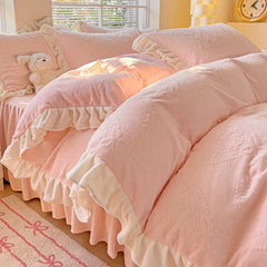 Warm Carved Milk Fleece Four-piece Winter Thickened Princess Wind Double-sided Fleece Bed Skirt Bed Sheet Bedding