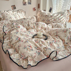 Korean Style Floral Ruffles Knitted Double Yarn Bedding Set Double King Queen Size Duvet Cover Flat/Fitted Bed Sheet Pillowcases