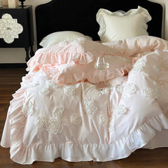 Princess Style 3D Flower Bedding Set 100 Thread Count Autumn and Winter Cotton Duvet Cover Solid White Quilt Covers with Ruffles