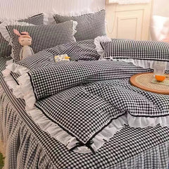 Checkered Bedding Set Bed Skirt Ruffle Lace Princess Style Girls Duvet Cover Simple Solid Color Home Textiles Decor Bedroom