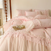 Korean Princess Style Lace Ruffles Rose Embroidery Wedding Bedding Set Duvet Cover Set Flat/Fitted Bed Sheet Pillowcases 4Pcs