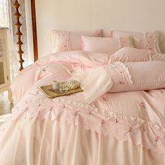 Korean Princess Style Lace Ruffles Rose Embroidery Wedding Bedding Set Duvet Cover Set Flat/Fitted Bed Sheet Pillowcases 4Pcs