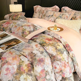 4pcs Floral Print Egyptian 100% Cotton Bedding Set Queen King Comforter Duvet Cover Flat/Fitted Bed Sheet Pillowcases 48x74cm