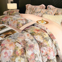 4pcs Floral Print Egyptian 100% Cotton Bedding Set Queen King Comforter Duvet Cover Flat/Fitted Bed Sheet Pillowcases 48x74cm