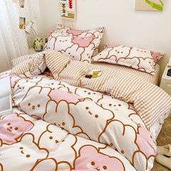 Boys Girls Bedding Set Fashion Adult Children Bed Linen Duvet Quilt Cover Pillowcase Cute Cartoon Bear Polyester Flat Sheets