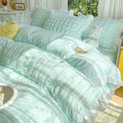 Luxury Seersucker Washed Cotton Bedding Set INS Girls Princess Bedding Set with Lace Solid color Bedclothes Sheets Pillowcase