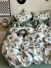 Korean Style Ins Retro Fresh Floral Washed Cotton Bed Four Piece Duvet Set, Student Dormitory Bed Sheet Three Piece Set