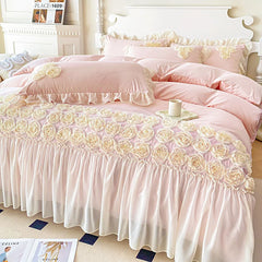 3Pcs Pink Skin-friendly Soft Three-dimensional Flowers Embroidery Lace Ruffles Princess Bedding Set Duvet Cover With Pillowcases