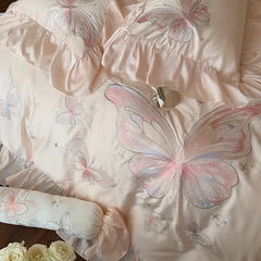 100% Cotton Gorgeous Bedding Set Butterfly Embroidery Flat Sheet Pillowcases Queen Size For Women Bare Sleeping Skin-Friendly